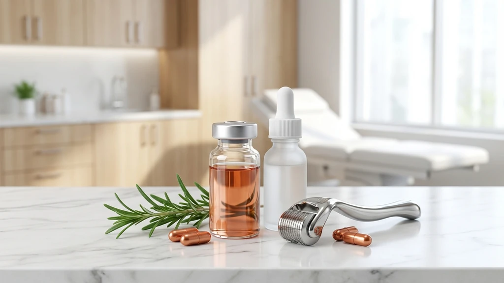 GHK-Cu copper peptide vial with illustrated benefit icons for skin, hair, wound healing, and anti-aging