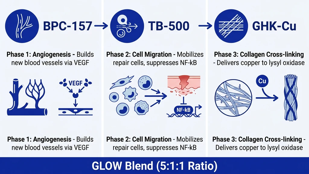 GHK-Cu BPC-157 TB-500 synergy diagram showing three-phase tissue repair pipeline
