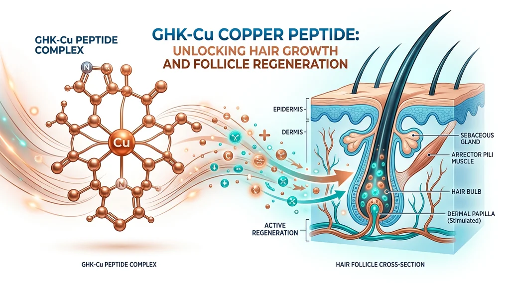 GHK-Cu copper peptide for hair growth: molecular structure and hair follicle diagram