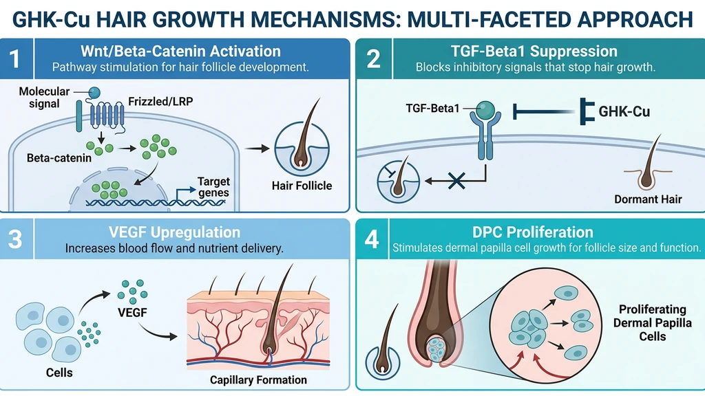 GHK-Cu hair growth mechanisms: Wnt activation, TGF-beta suppression, VEGF upregulation, DPC proliferation