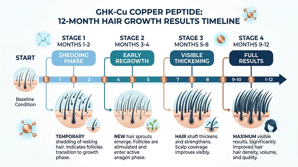 GHK-Cu hair growth results timeline: shedding reduction to density improvement over 6 months