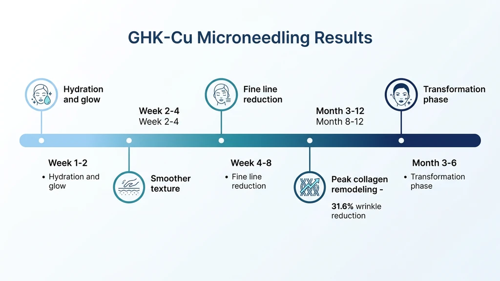 GHK-Cu microneedling results timeline from week 1 hydration to month 6 transformation