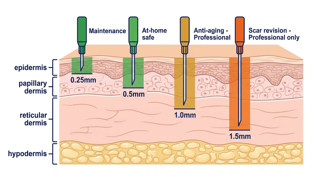Microneedling needle depth diagram showing skin layers with color-coded safety zones