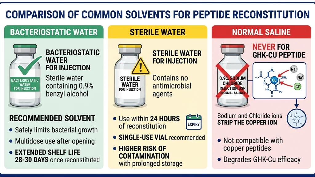 Solvent comparison for GHK-Cu reconstitution: bacteriostatic water vs sterile water vs saline