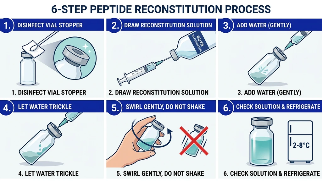6-step GHK-Cu reconstitution process from vial prep to refrigeration