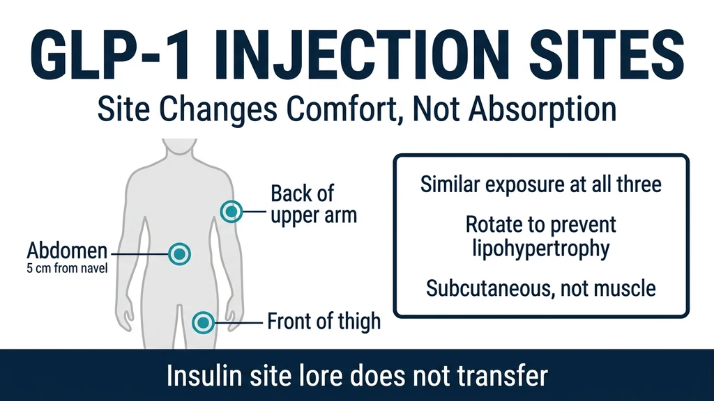 GLP-1 injection sites diagram showing the abdomen, front of thigh, and back of upper arm with the 2-inch navel exclusion zone