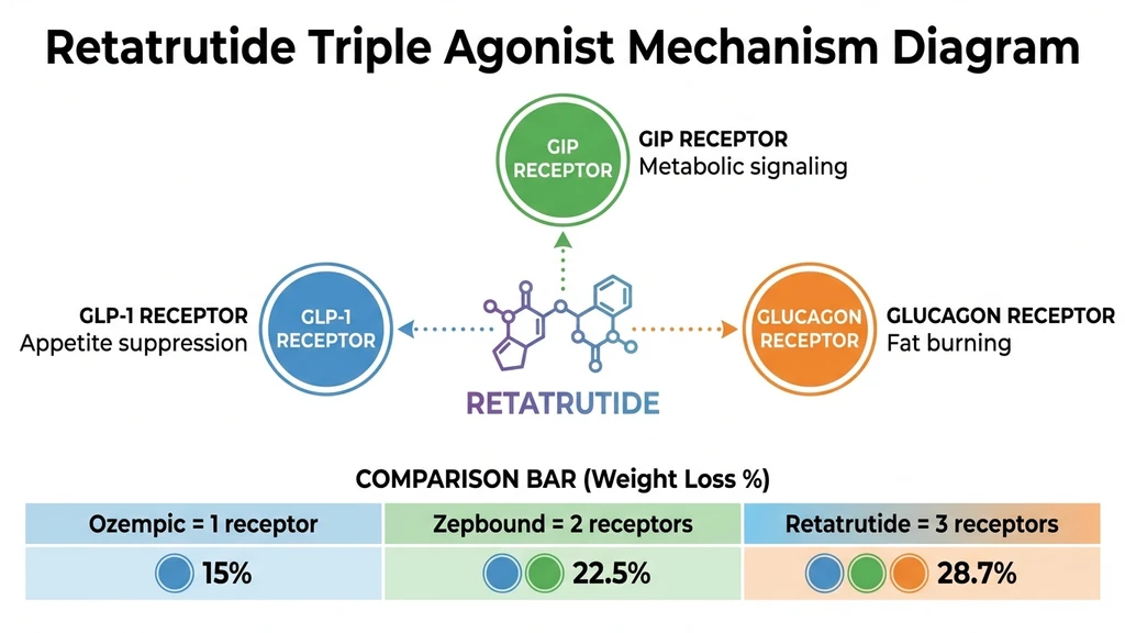 Retatrutide triple agonist mechanism: activates GLP-1, GIP, and glucagon receptors for 28.7% weight loss