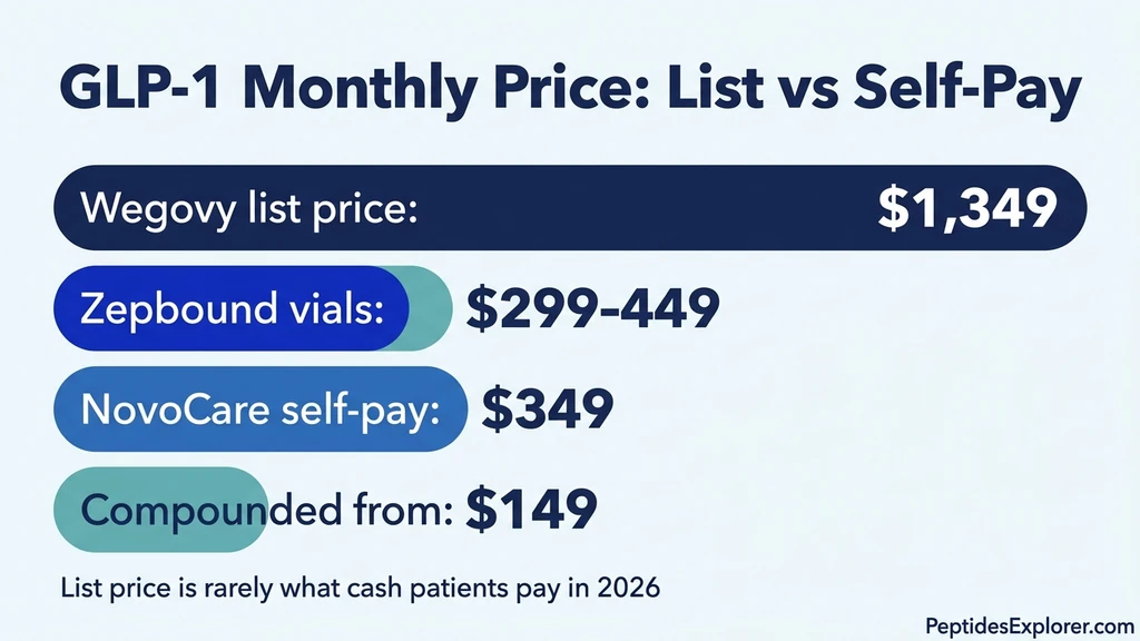 GLP-1 price comparison chart showing list price versus self-pay versus compounded for Wegovy, Zepbound, and Ozempic