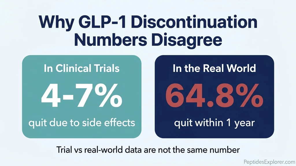 GLP-1 discontinuation comparison showing 4-7% in clinical trials versus up to 64.8% in real-world data
