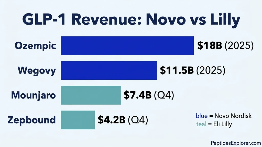 GLP-1 revenue chart comparing Ozempic, Wegovy, Mounjaro, and Zepbound sales