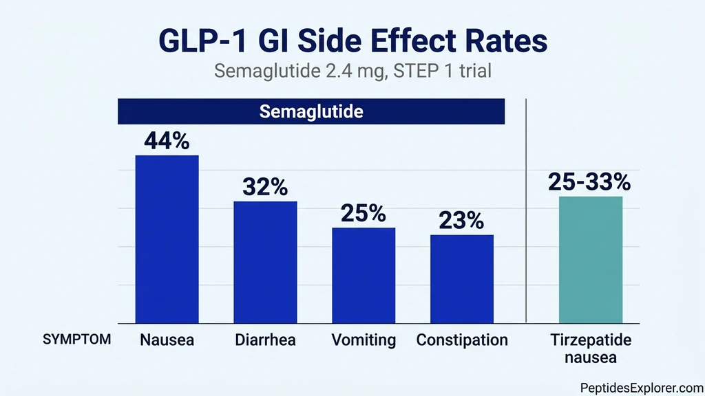 GLP-1 gastrointestinal side effect rates infographic comparing semaglutide and tirzepatide nausea, vomiting, and diarrhea