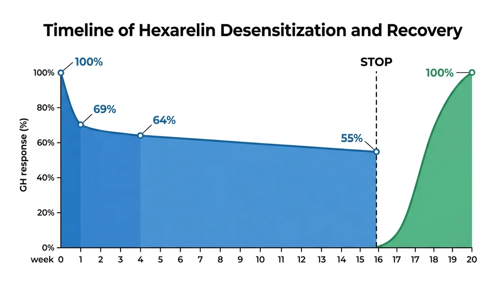 Hexarelin desensitization timeline showing GH response decline and recovery over 20 weeks
