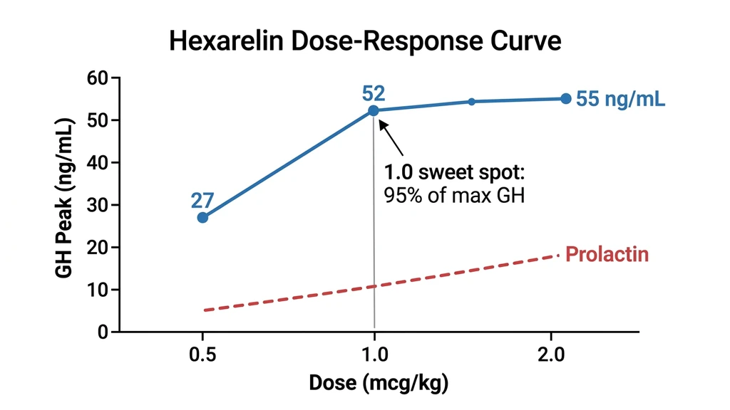 Hexarelin dose-response curve showing GH, cortisol, and prolactin levels at different doses