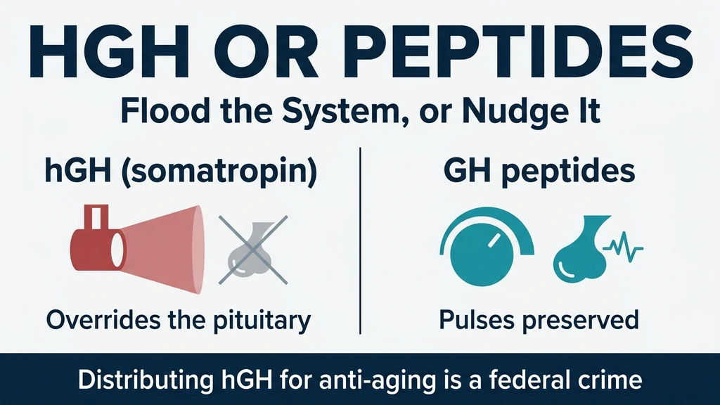 Comparison of recombinant hGH somatropin versus growth hormone releasing peptides, showing pituitary feedback pathways