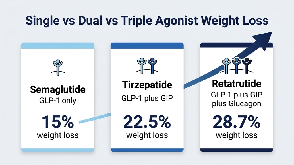 Single vs dual vs triple agonist weight loss comparison: semaglutide 15%, tirzepatide 22.5%, retatrutide 28.7%