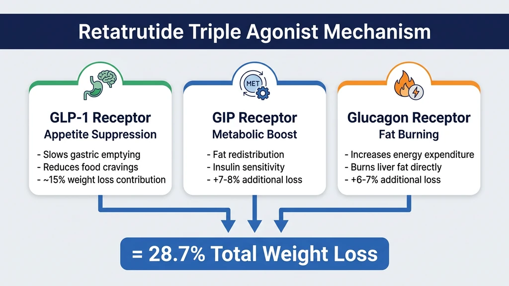 Retatrutide triple receptor mechanism showing GLP-1, GIP, and glucagon pathways