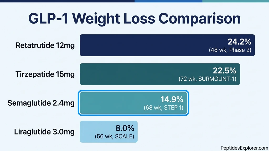GLP-1 weight loss comparison showing semaglutide vs tirzepatide vs liraglutide vs retatrutide