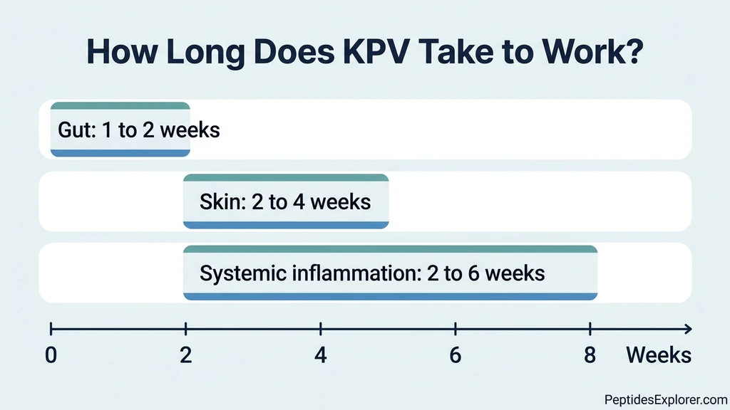 KPV peptide onset timeline by route and condition: gut 1 to 2 weeks, skin 2 to 4 weeks, systemic inflammation 2 to 6 weeks