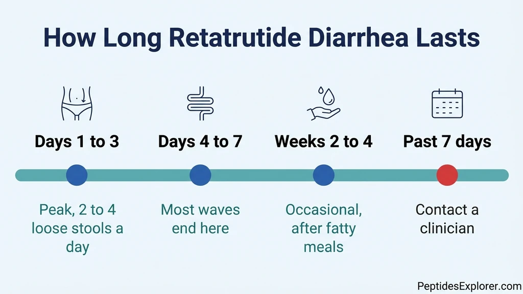 Retatrutide diarrhea duration timeline: onset days 1 to 3, first-week peak, resolution by week 3 to 4 after each dose increase