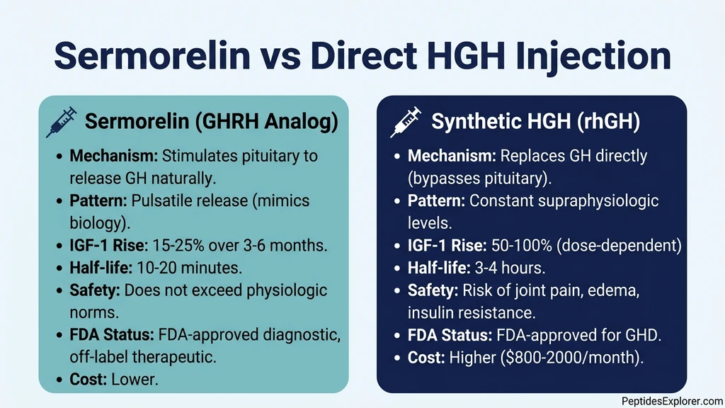 Sermorelin vs direct HGH injection comparison showing mechanism and safety differences