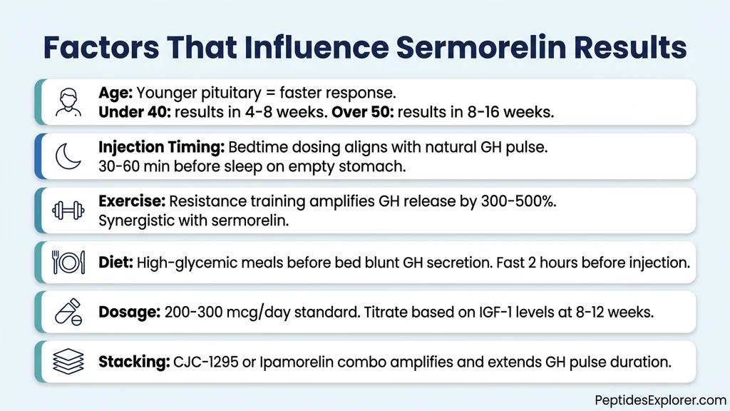 Factors that influence sermorelin results including age, timing, exercise, diet, dosage, and stacking