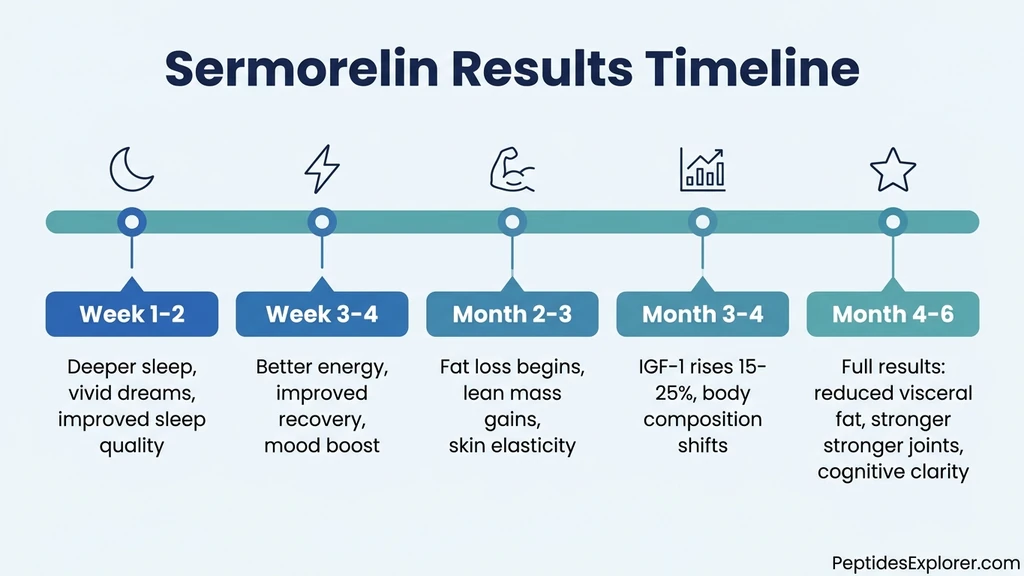 Sermorelin results timeline from week 1 sleep improvements through month 6 full results