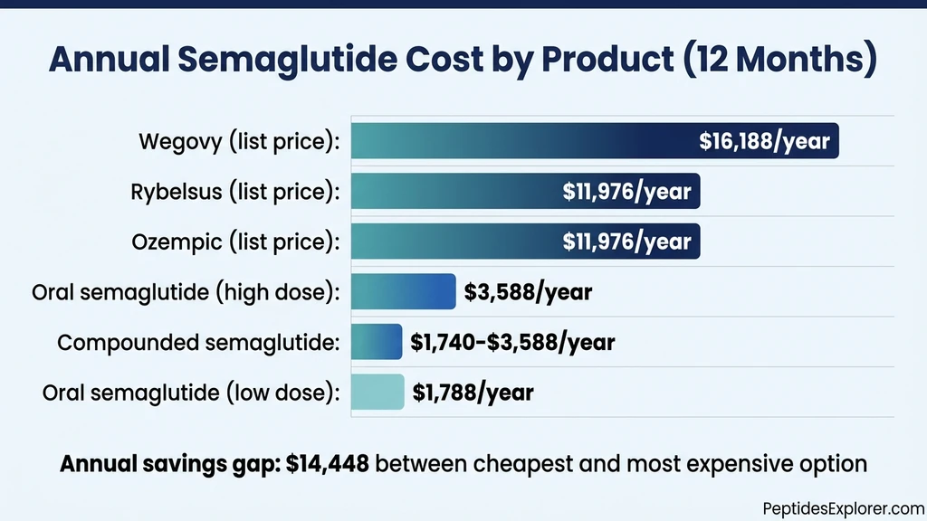 Annual semaglutide cost comparison chart showing Wegovy at $16,188 vs oral at $1,788 per year
