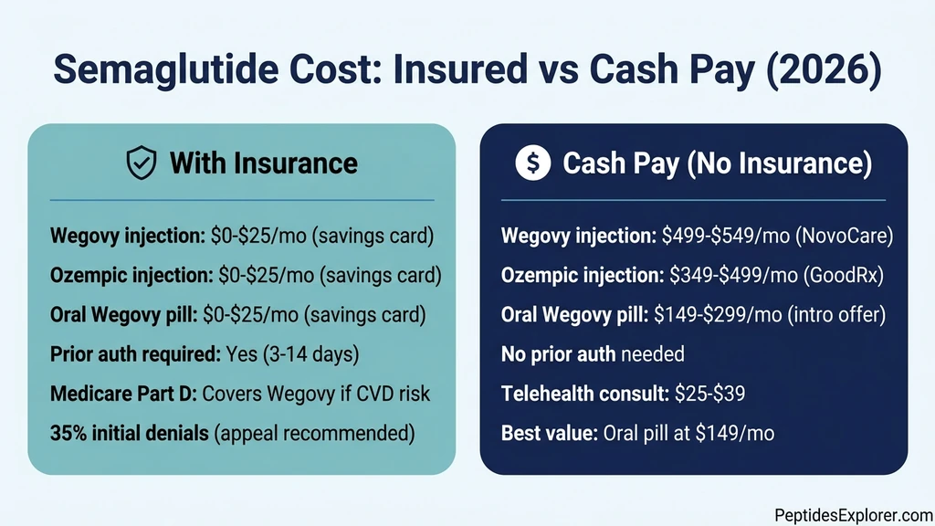 Semaglutide cost comparison infographic showing insured vs cash pay pricing in 2026