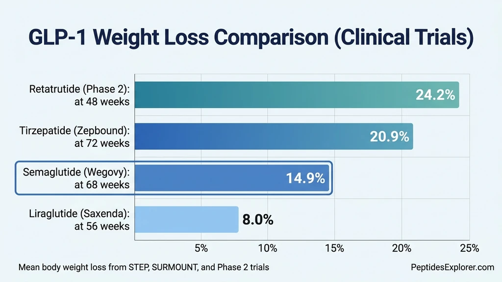 GLP-1 weight loss comparison bar chart showing clinical trial results for semaglutide, tirzepatide, liraglutide, and retatrutide