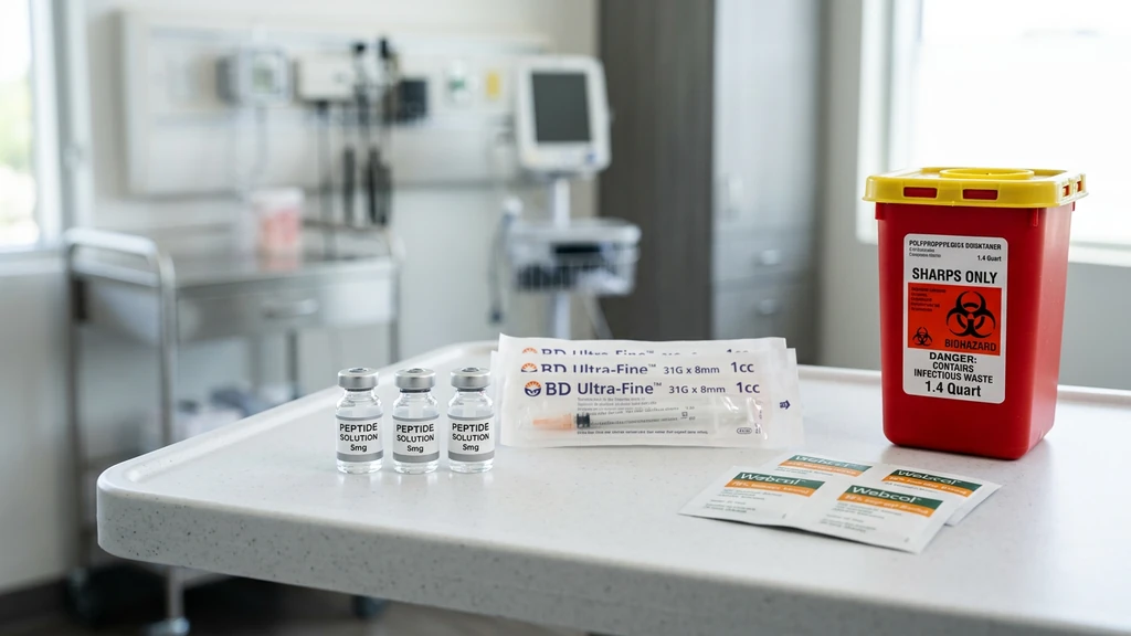 Peptide injection supplies including vials, syringes, and sharps container