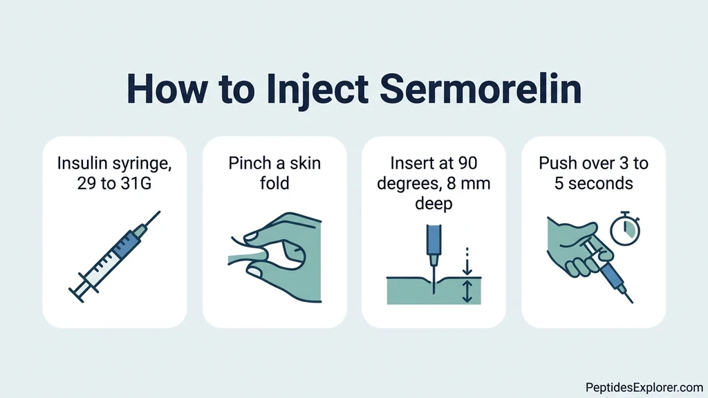 How to inject sermorelin: insulin syringe, pinched skin fold, 45 and 90 degree needle angles, and the unit markings for a subcutaneous dose