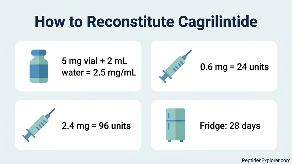 Cagrilintide reconstitution setup showing a 5 mg lyophilized vial, bacteriostatic water, and a U-100 insulin syringe