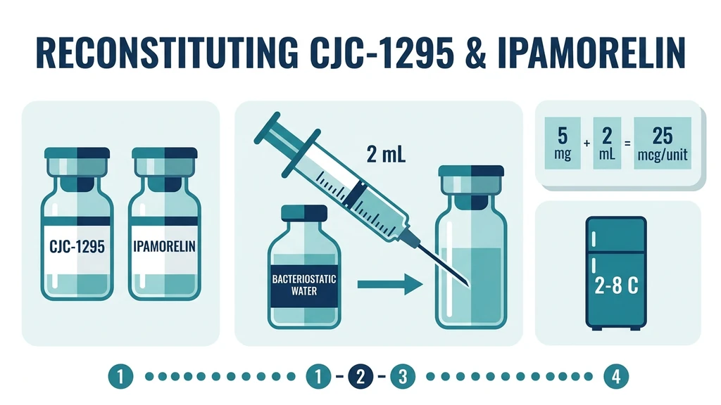 Reconstitution setup for CJC-1295 and ipamorelin showing vials, bacteriostatic water, and insulin syringe