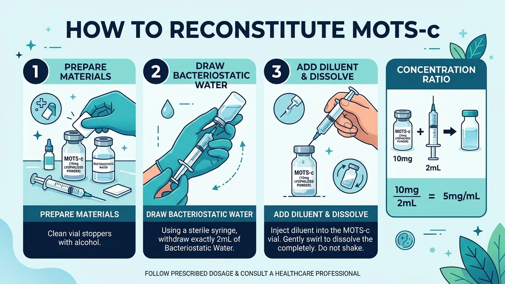 How to reconstitute MOTS-c: a lyophilized vial, bacteriostatic water, and an insulin syringe on a clean surface