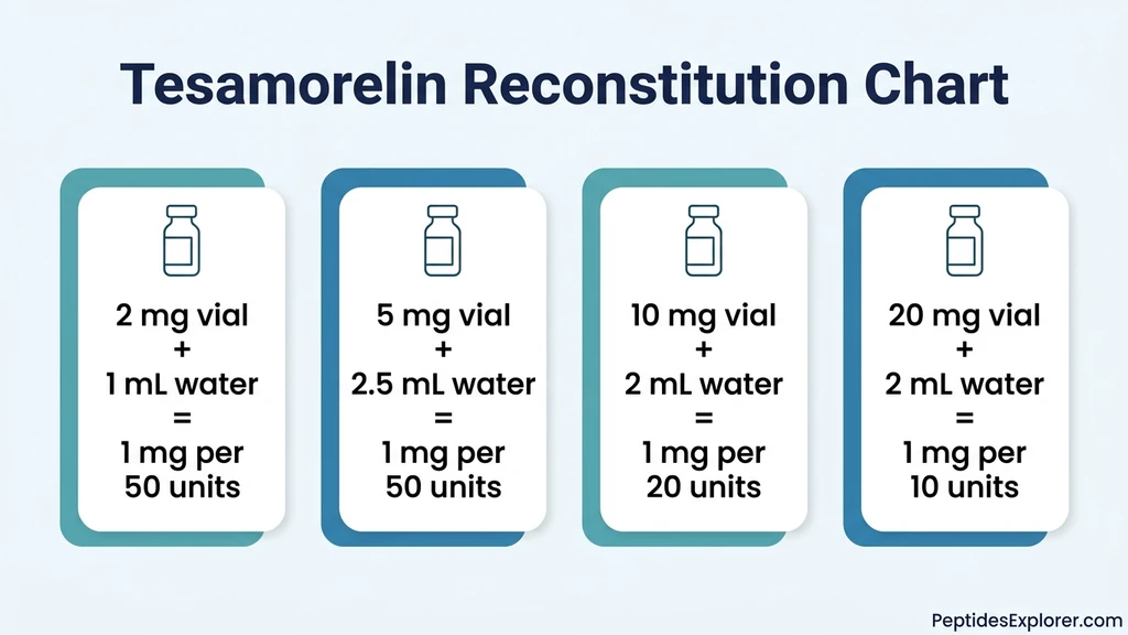Tesamorelin reconstitution setup showing a lyophilized vial, bacteriostatic water, and a U-100 insulin syringe