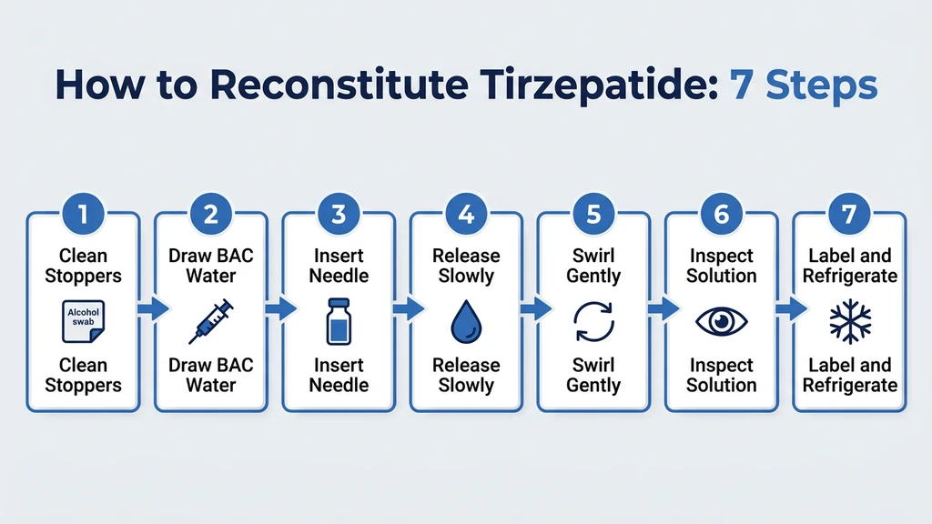 7-step tirzepatide reconstitution process from cleaning stoppers to refrigeration