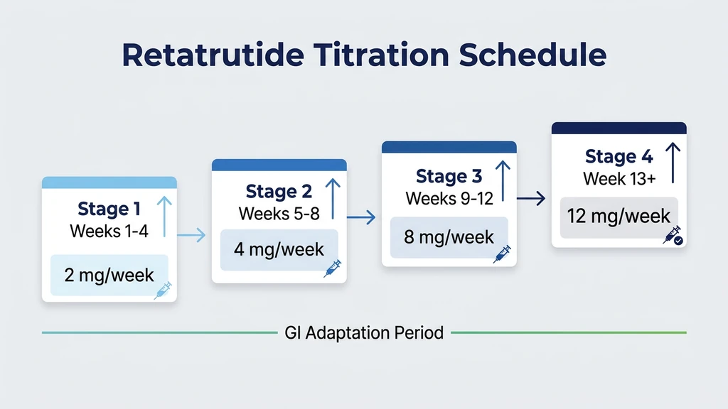 Retatrutide titration schedule showing 4 stages from 2mg to 12mg over 12 weeks