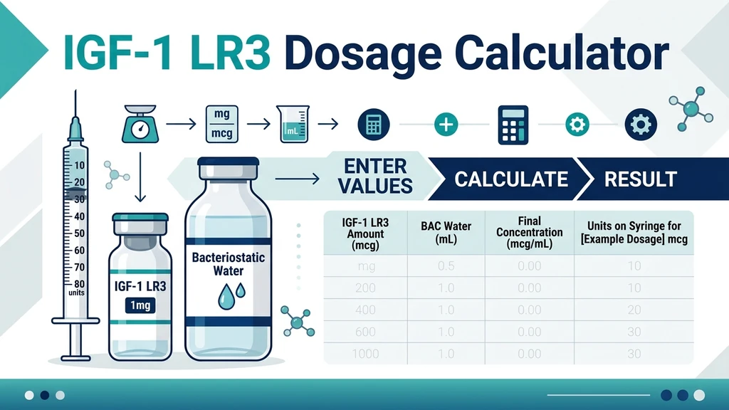 IGF-1 LR3 dosage calculator showing vial mg, bacteriostatic water, and syringe unit conversion