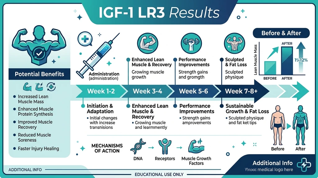 Week-by-week timeline of IGF-1 LR3 results showing pumps, recovery, and lean mass changes
