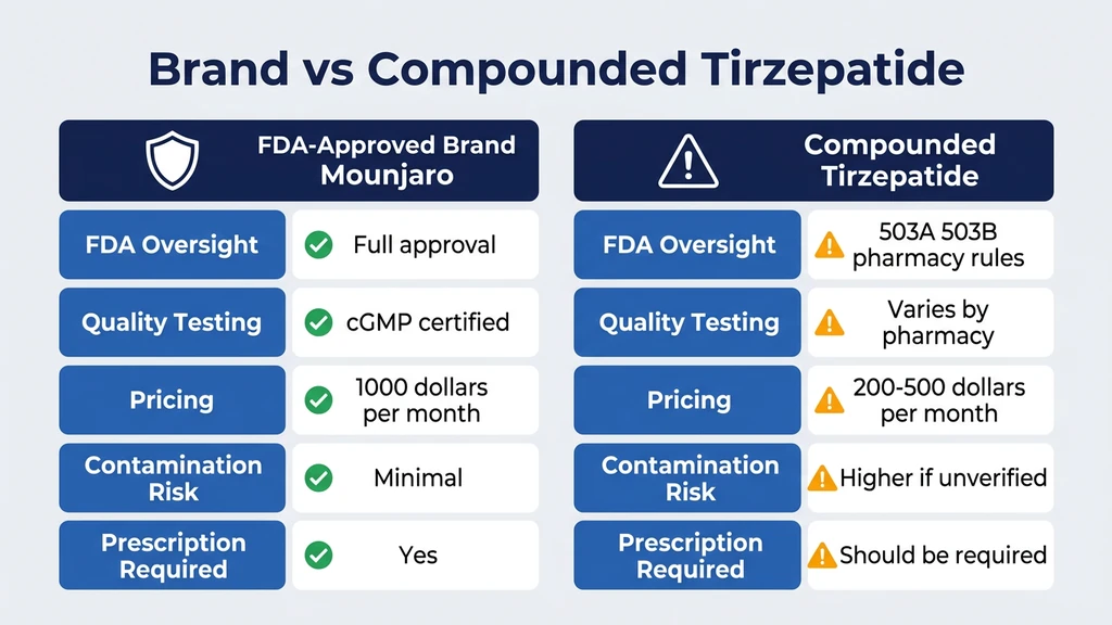 Comparison of brand-name Mounjaro vs compounded tirzepatide safety and quality factors