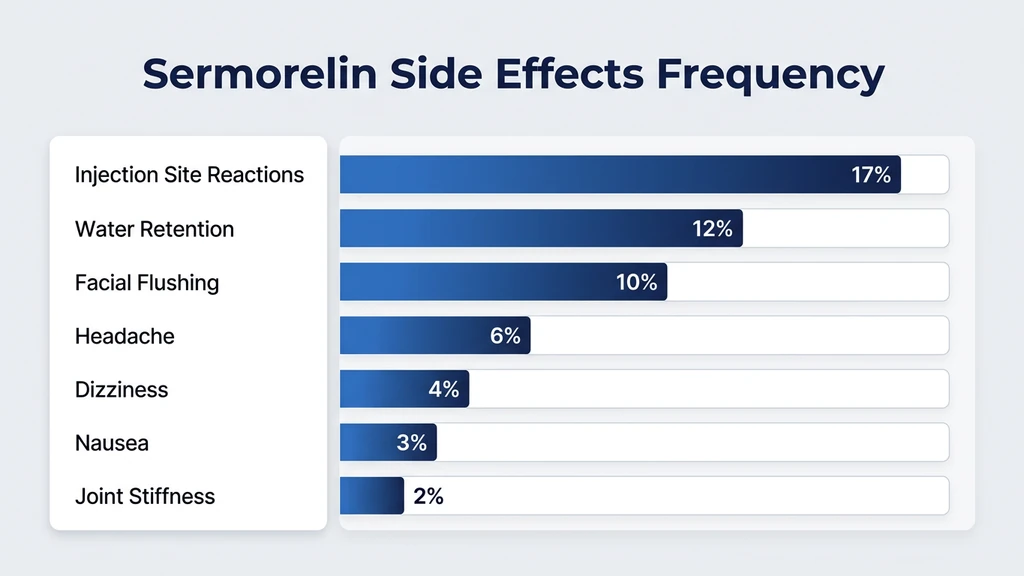Sermorelin side effects frequency chart showing injection site reactions, flushing, and headache rates
