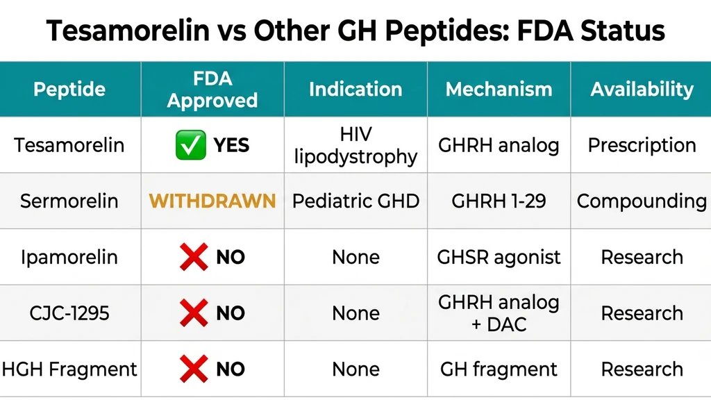 Comparison of tesamorelin vs other GH peptides showing FDA approval status for each compound