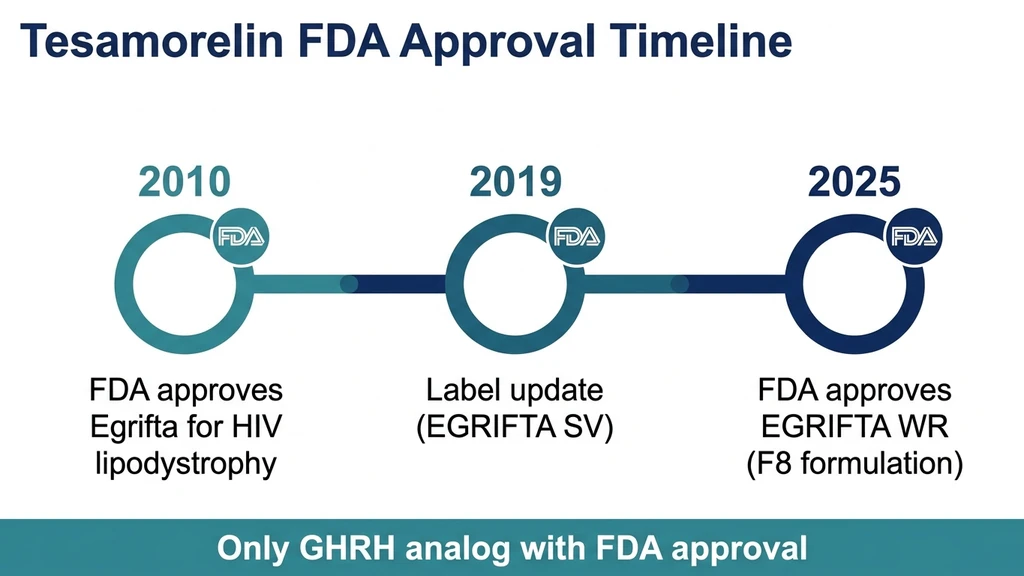 Tesamorelin FDA approval timeline from 2010 to 2025 showing Egrifta, Egrifta SV, and Egrifta WR milestones
