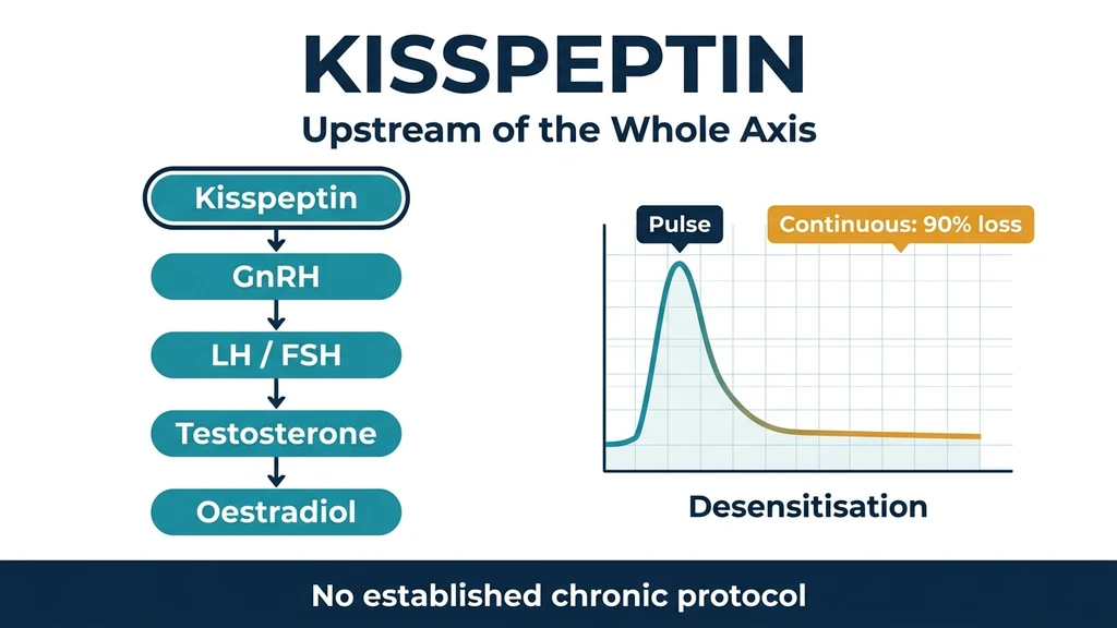 Kisspeptin peptide signaling cascade from hypothalamus to GnRH, LH, FSH, and testosterone