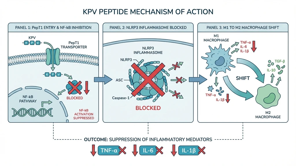 KPV mechanism of action diagram showing NF-kB pathway inhibition and macrophage modulation