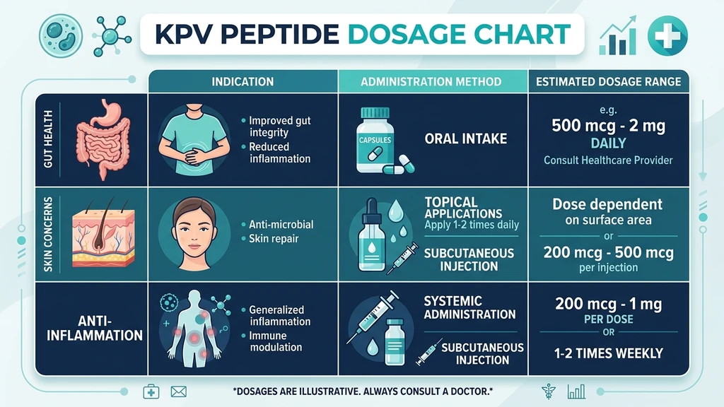 KPV peptide dosage chart by condition showing gut, skin, and inflammation protocols