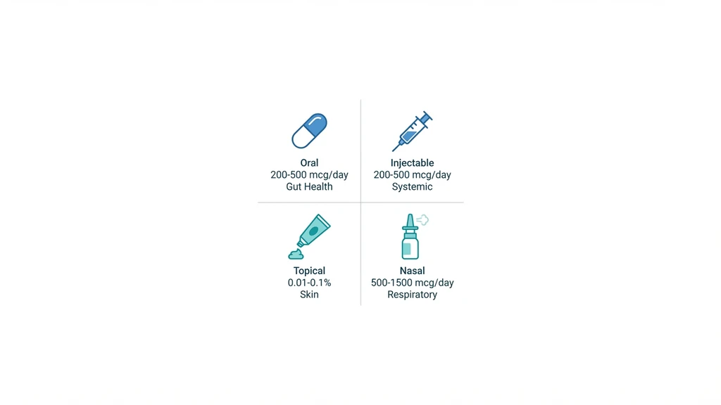KPV peptide administration routes showing oral, injection, topical, and nasal dosages