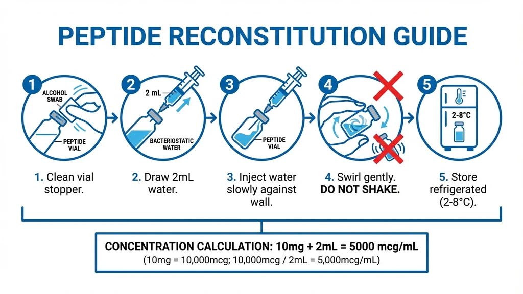 Step-by-step KPV peptide reconstitution guide with 5 numbered steps