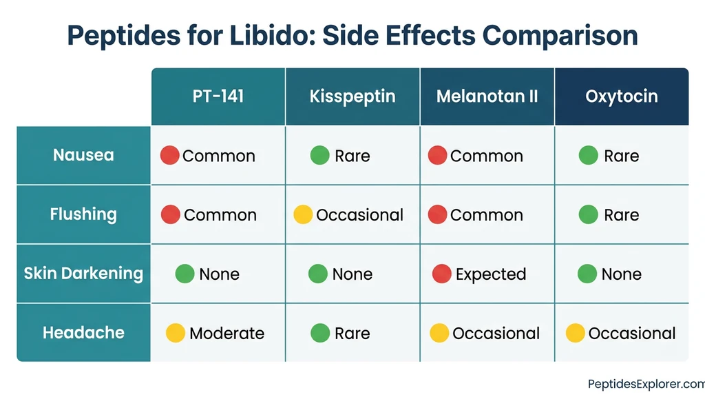 Side effects comparison across all 5 libido peptides: nausea rates, skin changes, and contraindications