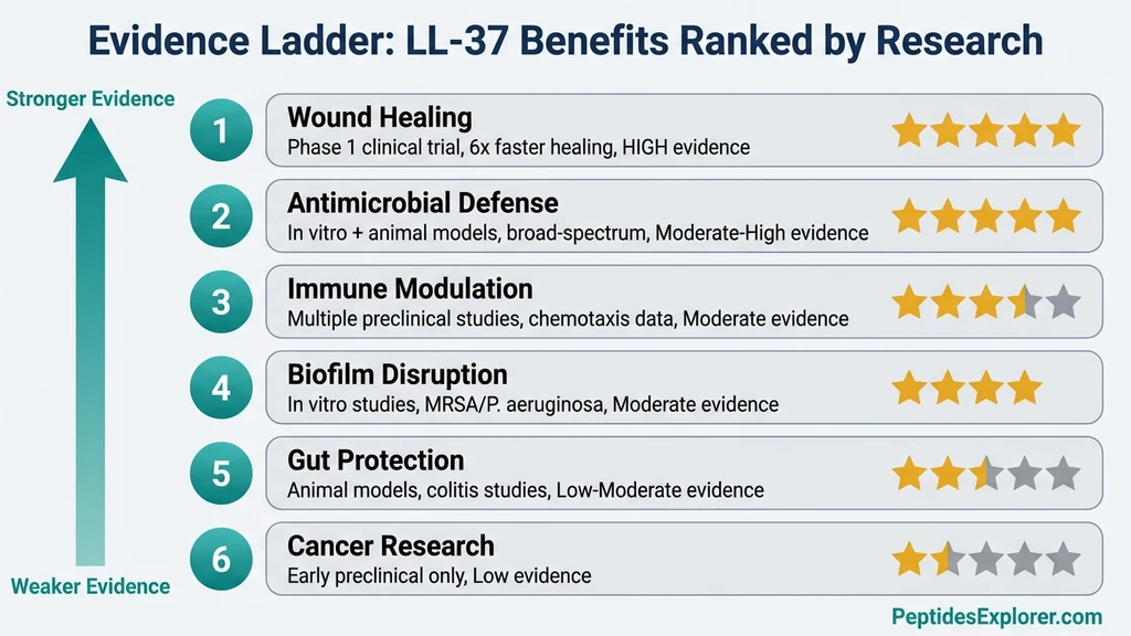 LL-37 peptide benefits evidence ladder showing clinical trial, preclinical, and in vitro evidence levels